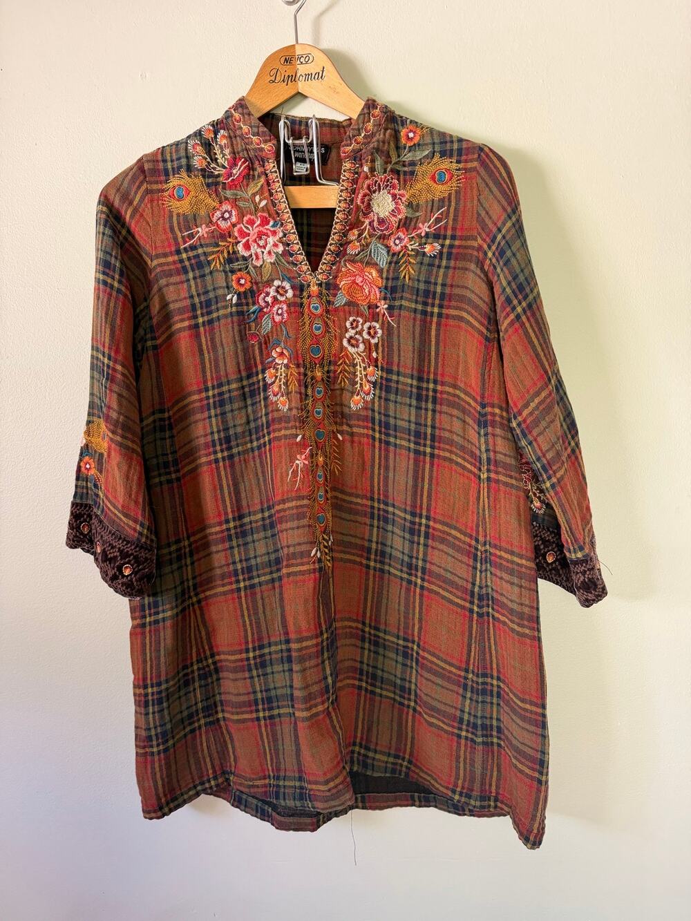 Johnny Was Workshop Plaid Floral Embroidered Tunic XS